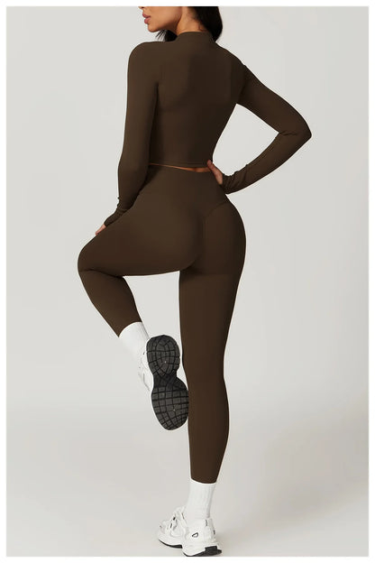 3PCS Women’s Yoga & Workout Set – Long Sleeve Zipper Top with High Waist Leggings Fitness Sportswear