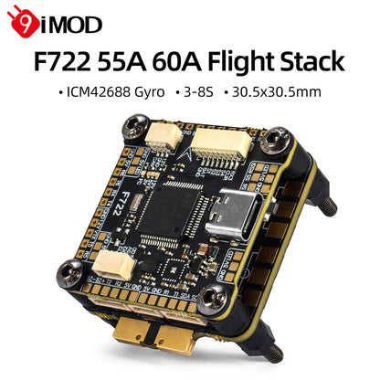 9IMOD F722 Flight Stack – F722 Flight Controller with 55A/60A ESC, 3-6S LiPo, ICM42688 Gyro for FPV Racing Drone