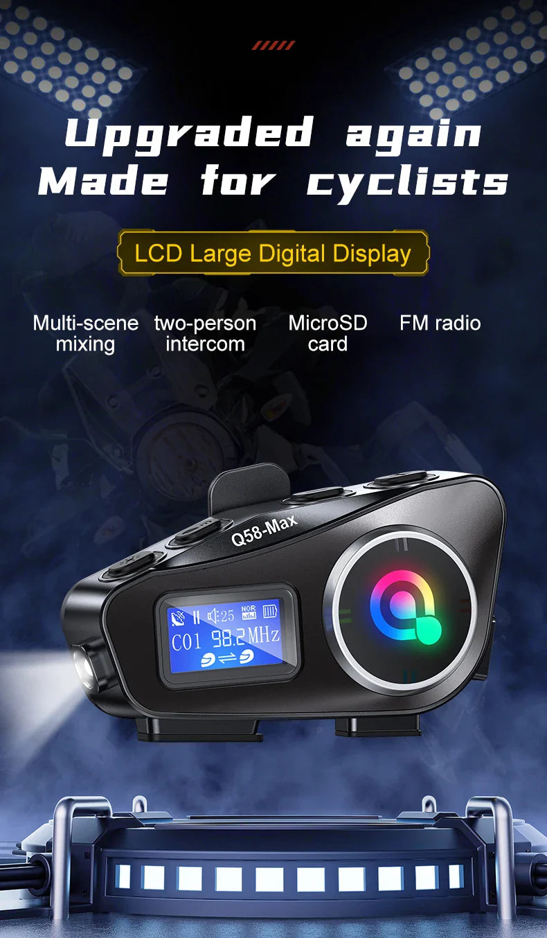 Q58 Max Motorcycle Helmet Bluetooth Intercom – IP65 Waterproof, 500M Range, Multi-Scene Music Sharing