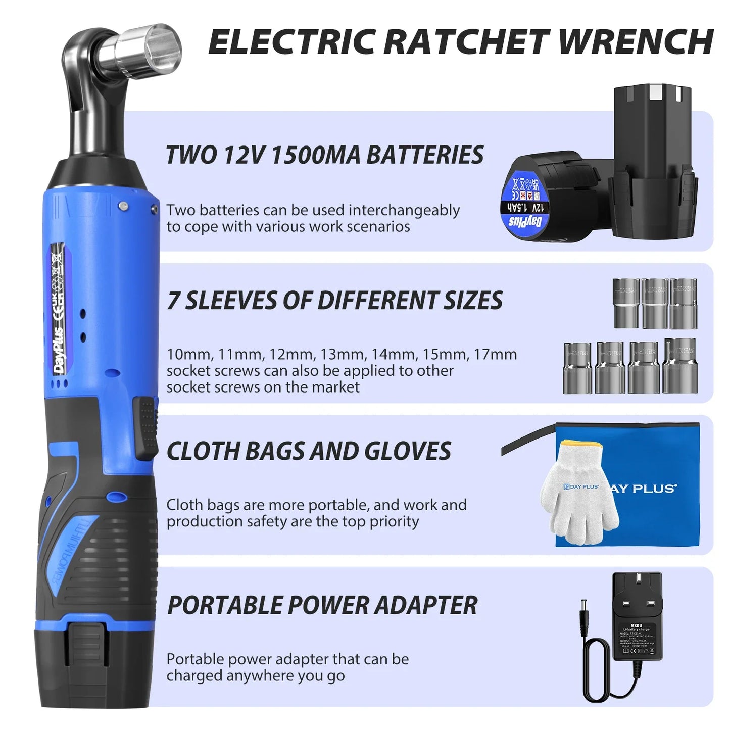 Electric Cordless 3/8" Right Angle Ratchet Wrench — 90° Power Ratchet with LED Light, +7PCS Sockets & 2 Batteries