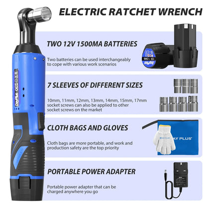 Electric Cordless 3/8" Right Angle Ratchet Wrench — 90° Power Ratchet with LED Light, +7PCS Sockets & 2 Batteries