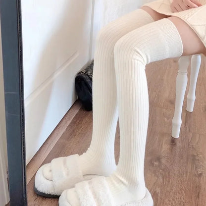 Thick Wool Thigh High Socks for Women - Warm Lolita Style Long Leg Stockings in Solid Colors for Autumn / Winter