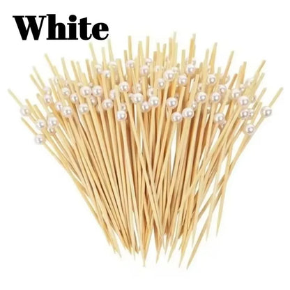 100PCS Gold, Silver & White Pearl Bamboo Skewers – Fruit, Dessert, Cocktail, Party, and Buffet Toothpicks