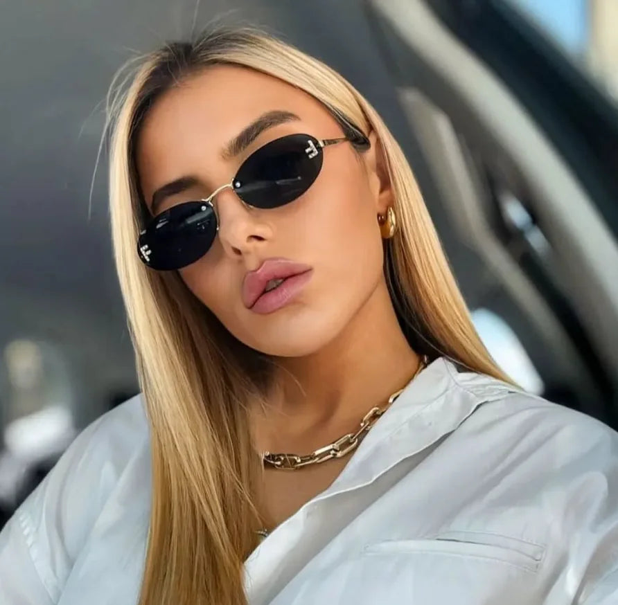 Diamond Letter "F" Rimless Sunglasses | Women’s Luxury Metal Frame Black Oval UV400 Shades