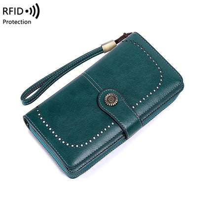 RFID Anti-Theft Retro Large Capacity Women's Wallet – Multi-Card Zipper Wallet with Wrist Strap