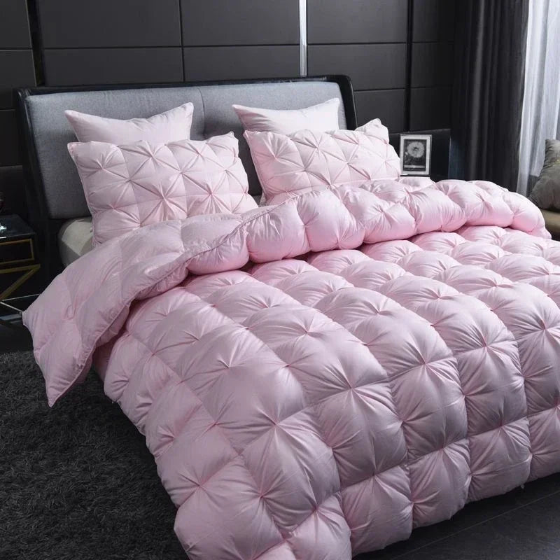 White Goose Down Comforter – Thick Winter 3D Bread Blanket with Luxury Pinch Pleat for Single & Double Beds