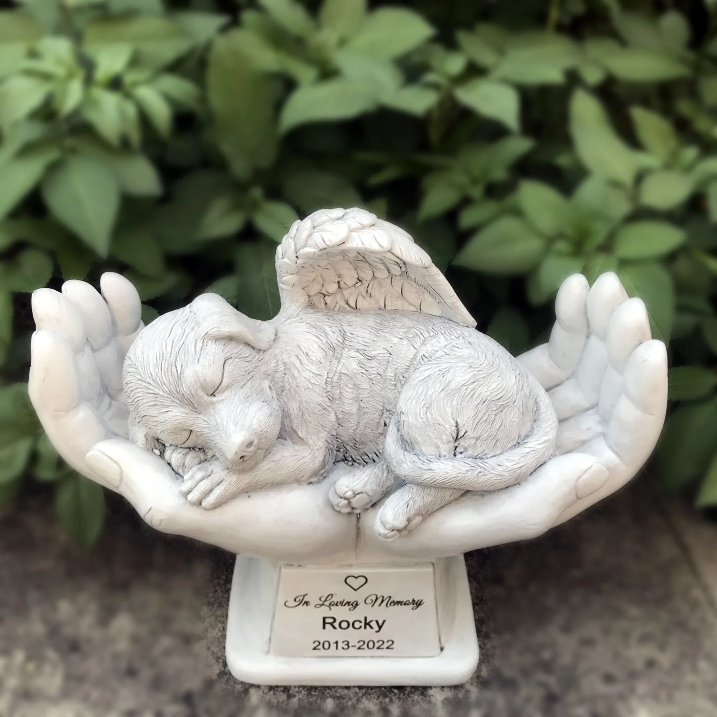 Personalized Dog Memorial Grave Marker – Angel Statue Stone with "In God's Hands" for Pet Headstone & Garden Tribute