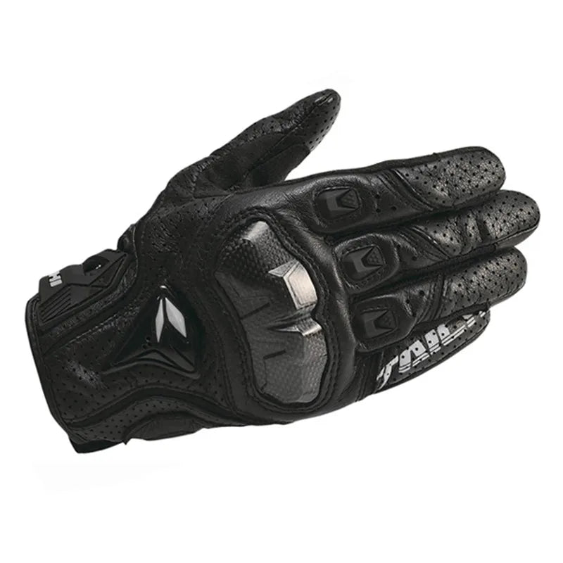 Motorcycle Gloves – Black Racing Genuine Leather, White Road Riding Team Gloves for Men, Summer & Winter with Touch Screen Compatibility