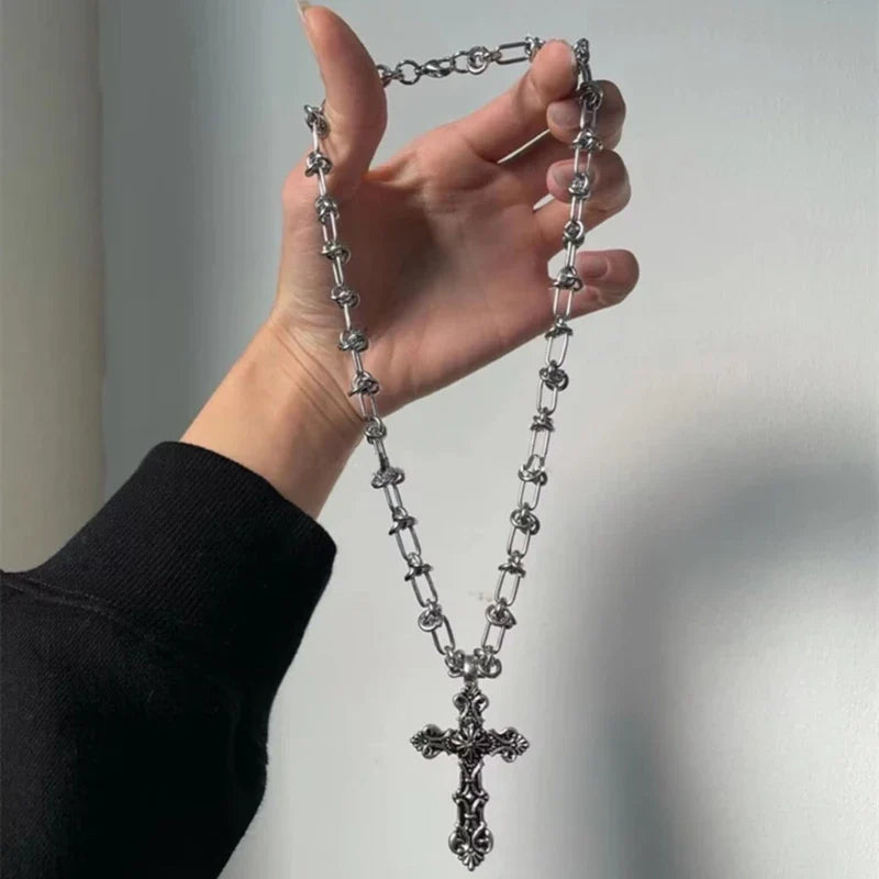 Vintage Cross Pendant Necklace – Kpop Punk Long Chain Retro Jewelry for Women, Korean Fashion Gift
