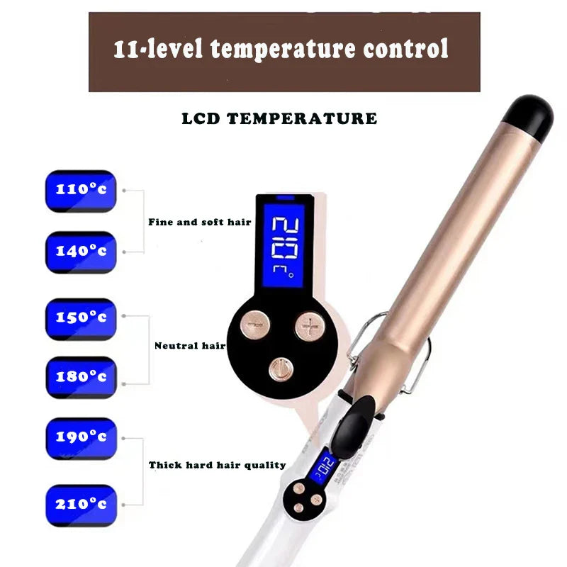 Professional Electric Hair Curler – 9-38mm Temperature Adjustable Curling Iron Wand with LCD Display