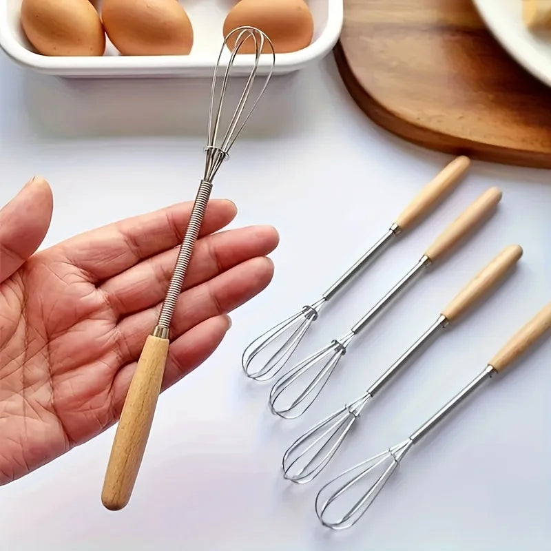 Mini Stainless Steel Whisk — Egg Beater and Milk Frother with Solid Wood Handle for Blending and Beating