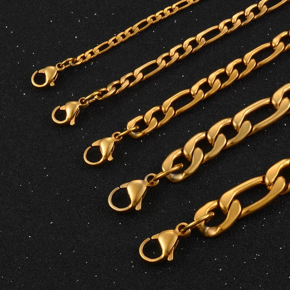 Gold Color Stainless Steel Figaro Chain – 3.0mm-9.5mm for Men & Women, High-Quality Fashion Jewelry