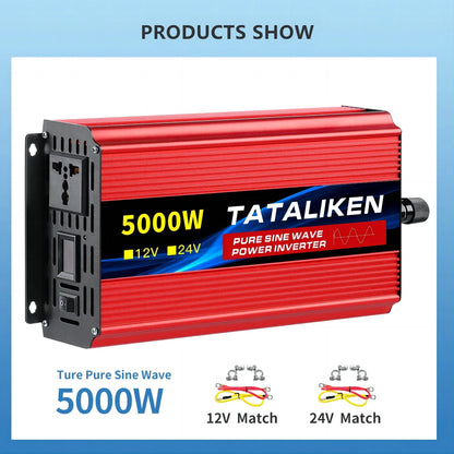 Pure Sine Wave Power Inverter 1000W–4000W – DC 12V/24V to AC 220V 50Hz Converter with Universal Socket Charger Adapter