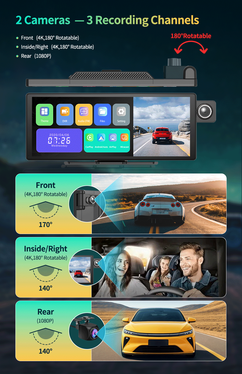 11.3" Imagebon H50 Dash Cam 4K - ADAS, Wireless CarPlay & Android Auto, 3-Channel Recording, Time Lapse & 24H Park Monitor