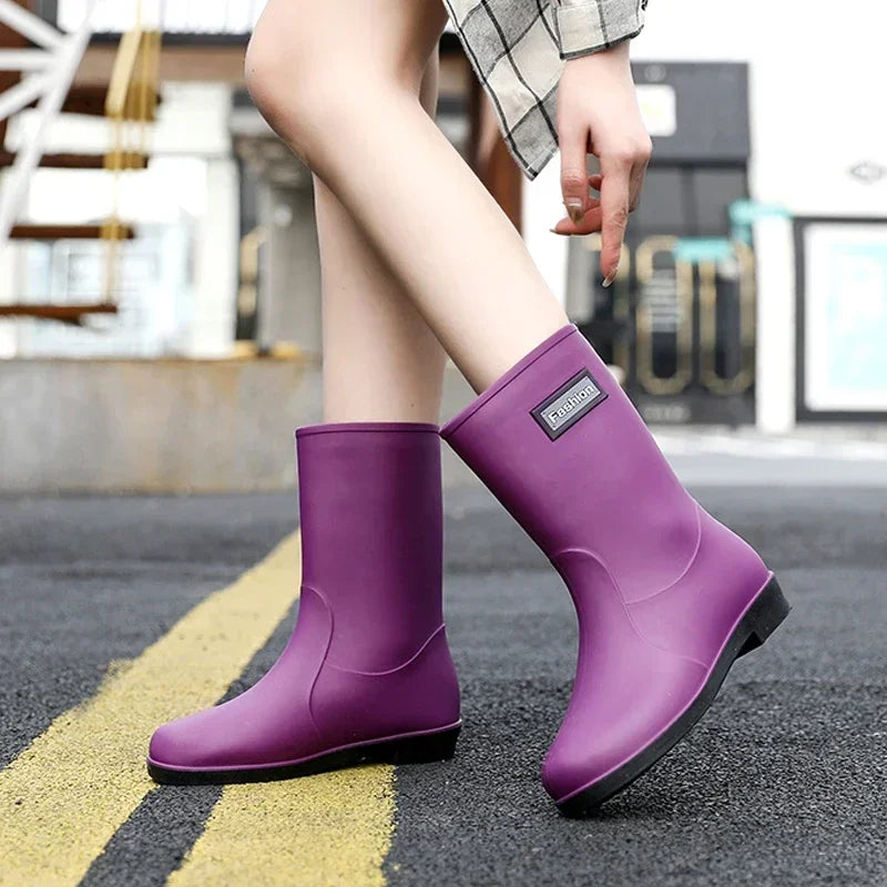 Women’s Four-Season Waterproof Rain Boots – Mid-Tube Non-Slip Rubber Shoes with Cotton Lining for Outdoor Fashion