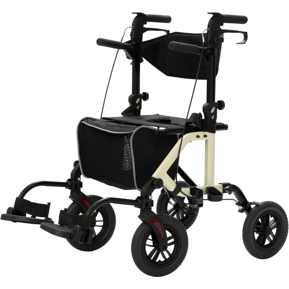 Champagne All-Terrain 2-in-1 Rollator Walker & Transport Chair – 10” Non-Pneumatic Wheels with Reversible Backrest and Detachable Seat