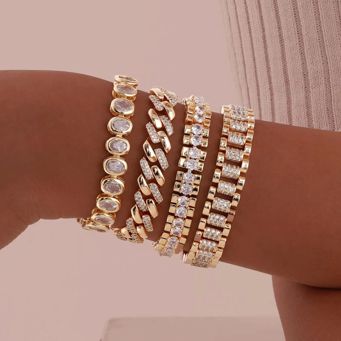 14K Gold Plated Paperclip Chain Bracelet with Cubic Zirconia Chunky Adjustable Link Jewelry for Women