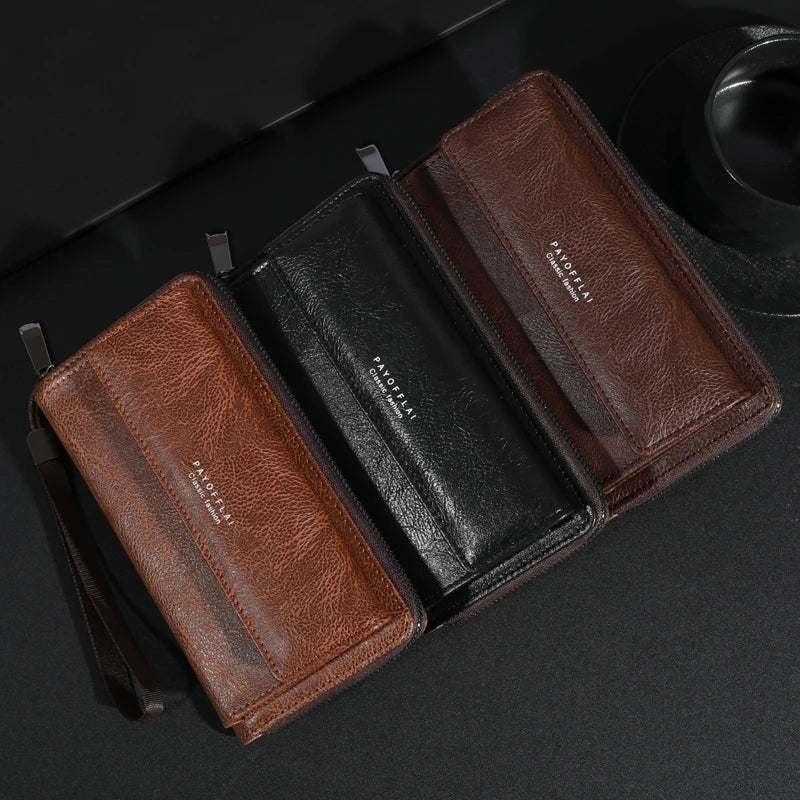 Men's PU Leather Zipper Wallet – Large Capacity Clutch Bag with Phone Holder, Card Slots & Coin Pocket