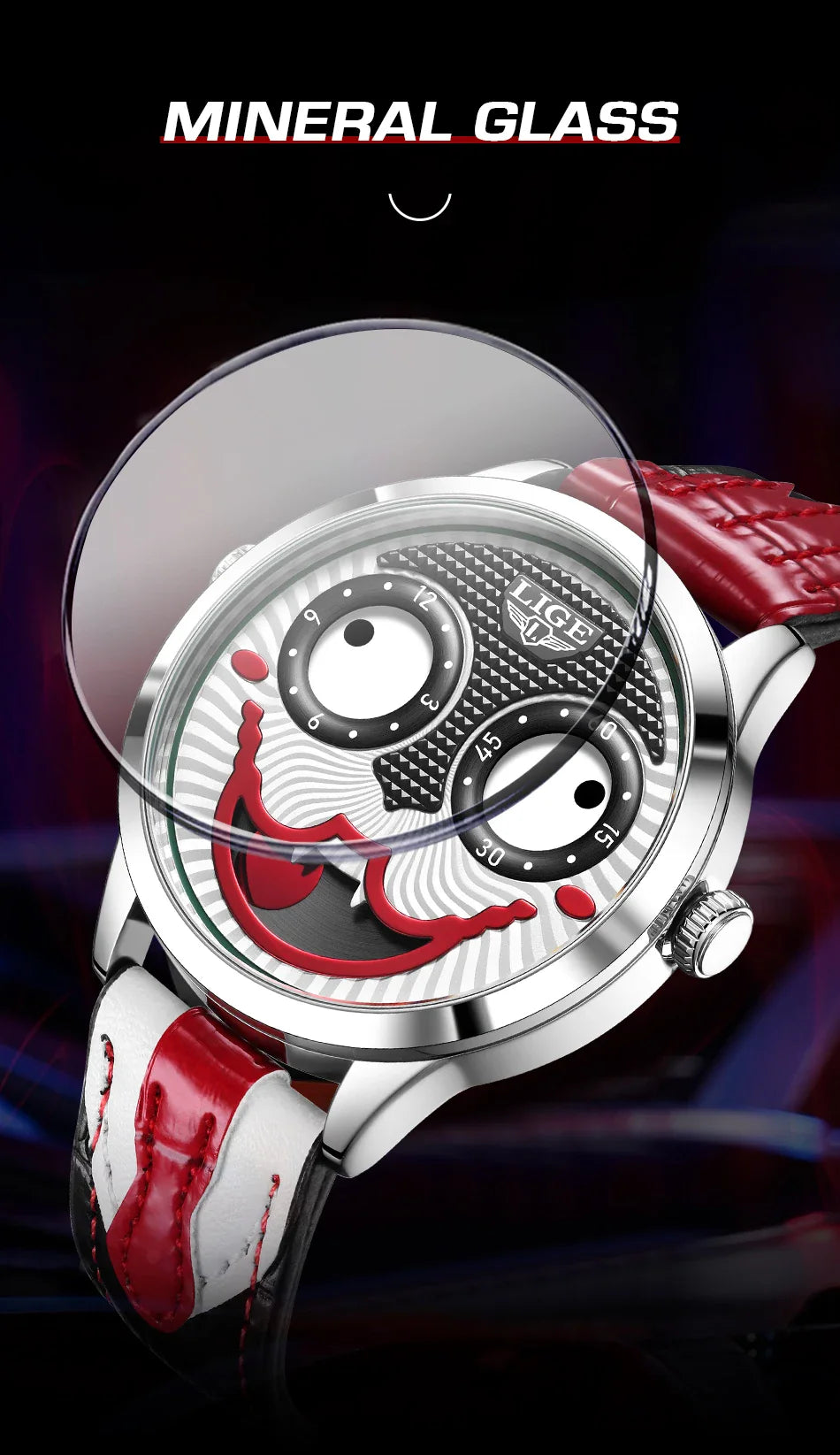 LIGE 2025 Men’s Creative Clown Quartz Watch – Waterproof Leather Strap Joker Fashion Wristwatch