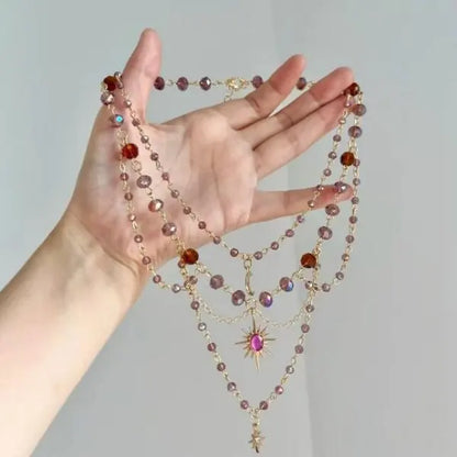 Bohemian Natural Stone Necklace - Handmade Double Layer Crystal Bead Long Chain Jewelry Gift for Women