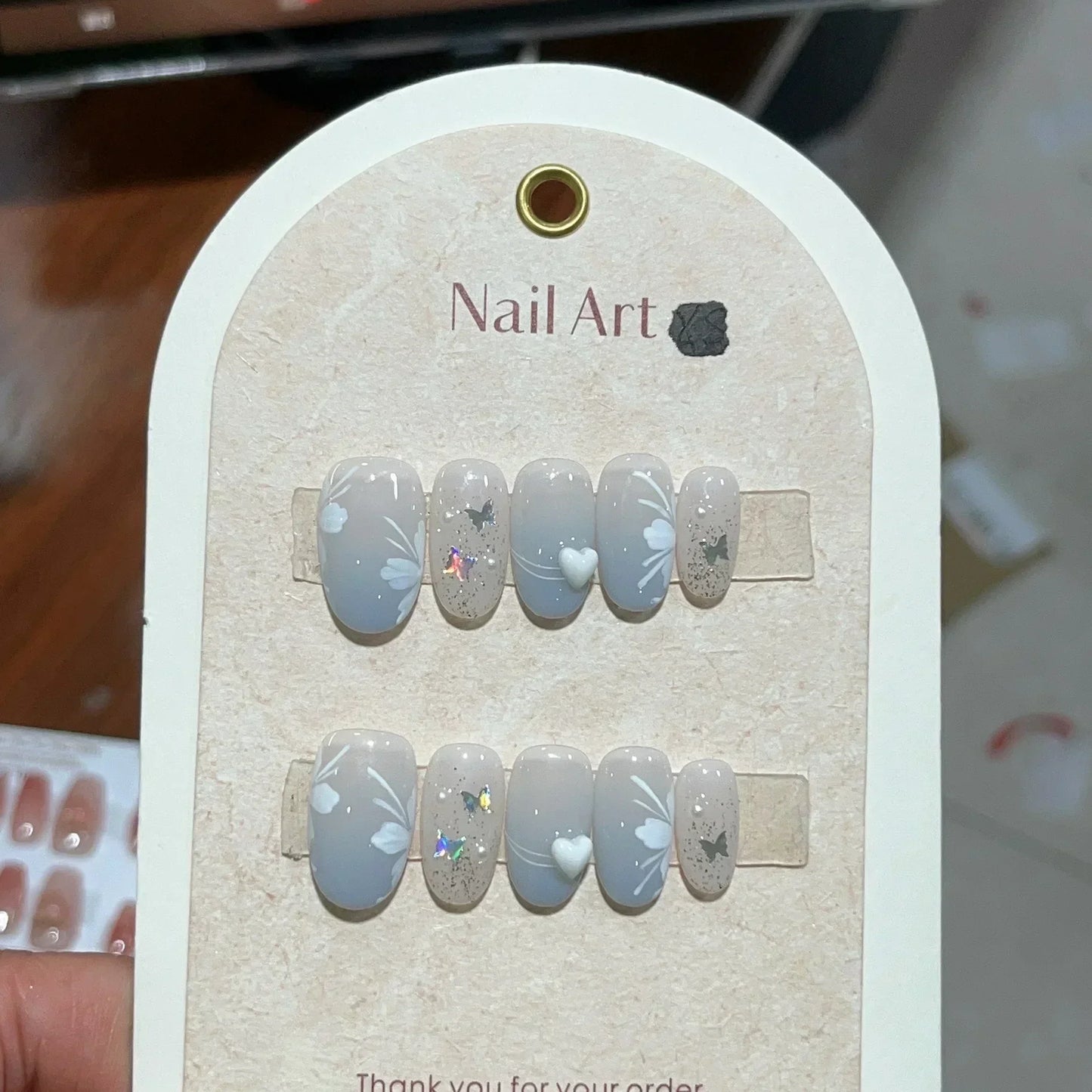 10 Pcs Short Handmade Pink Press-On Nails – Spring French Rhinestone Plaid Full Cover Fake Nail Tips