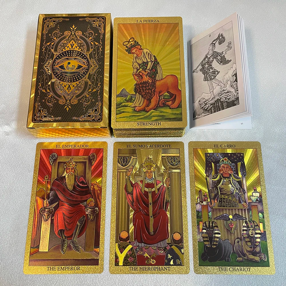 Spanish & English Golden Foil Tarot Cards – 12x7cm Divination Deck for Beginners with 2-Language Guidebook