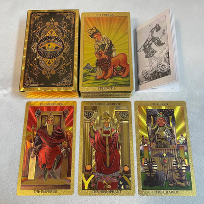 Spanish & English Golden Foil Tarot Cards – 12x7cm Divination Deck for Beginners with 2-Language Guidebook