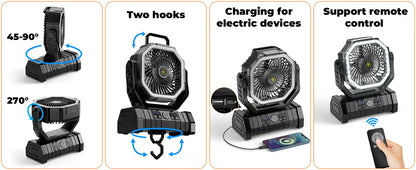 20000mAh Portable Camping Fan — Rechargeable Battery-Powered Outdoor Tent Fan with LED Light, Hanging Hook & 4-Speed Wind