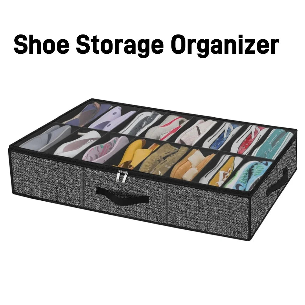 Under-Bed Shoe Storage Organizer Box — Collapsible Closet Container for 12 Pairs with Reinforced Handles