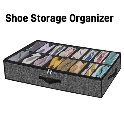 Under-Bed Shoe Storage Organizer Box — Collapsible Closet Container for 12 Pairs with Reinforced Handles