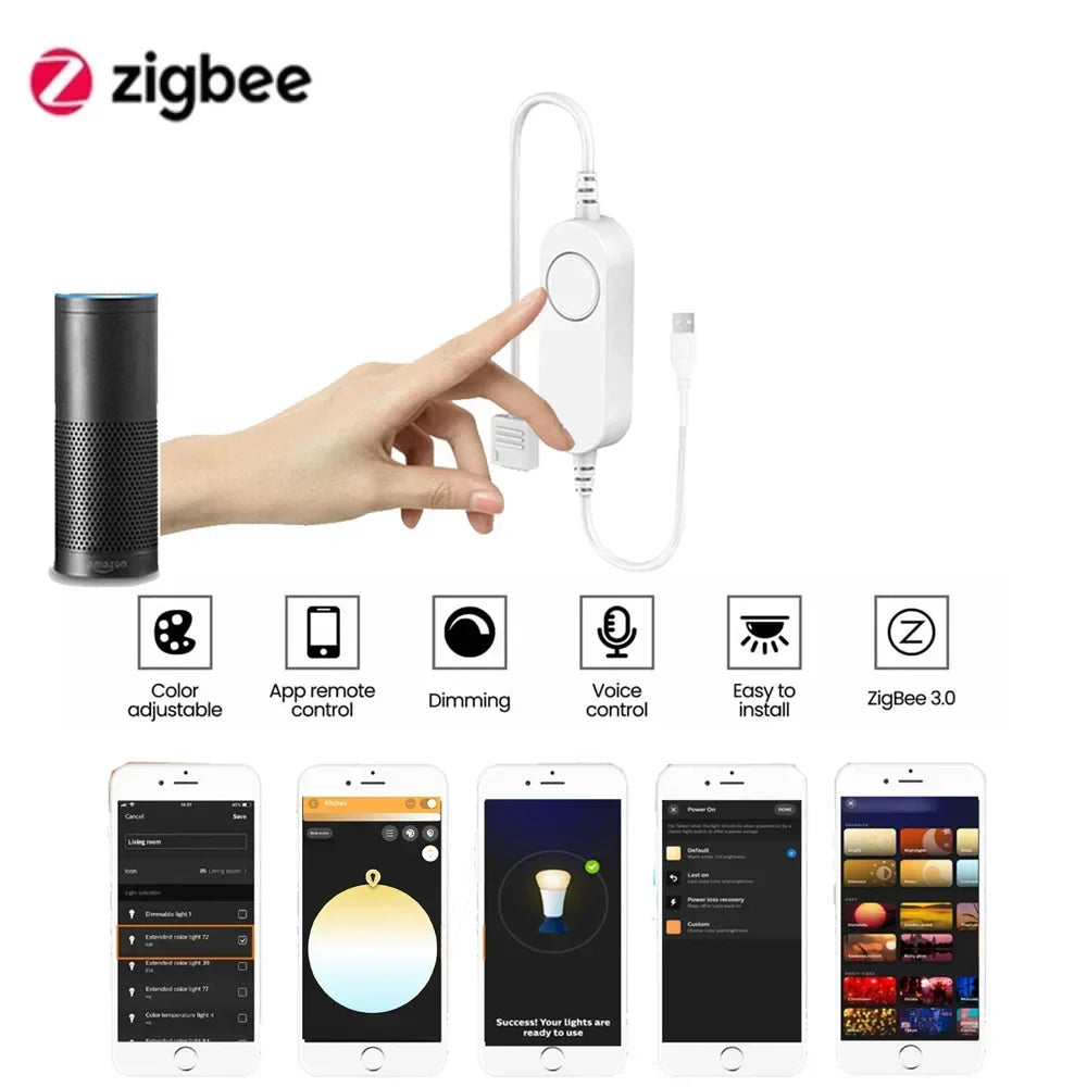 Zigbee 3.0 Smart LED Strip Controller, DC 5V/12V/24V Dimmer RGB/RGBW/RGBCCT CCT Single Color, Compatible with Tuya, Alexa & SmartThings, 2Mqtt Support