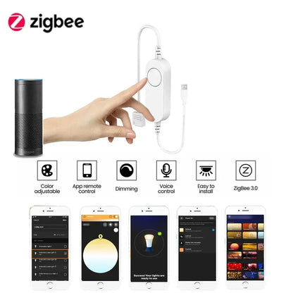 Zigbee 3.0 Smart LED Strip Controller, DC 5V/12V/24V Dimmer RGB/RGBW/RGBCCT CCT Single Color, Compatible with Tuya, Alexa & SmartThings, 2Mqtt Support