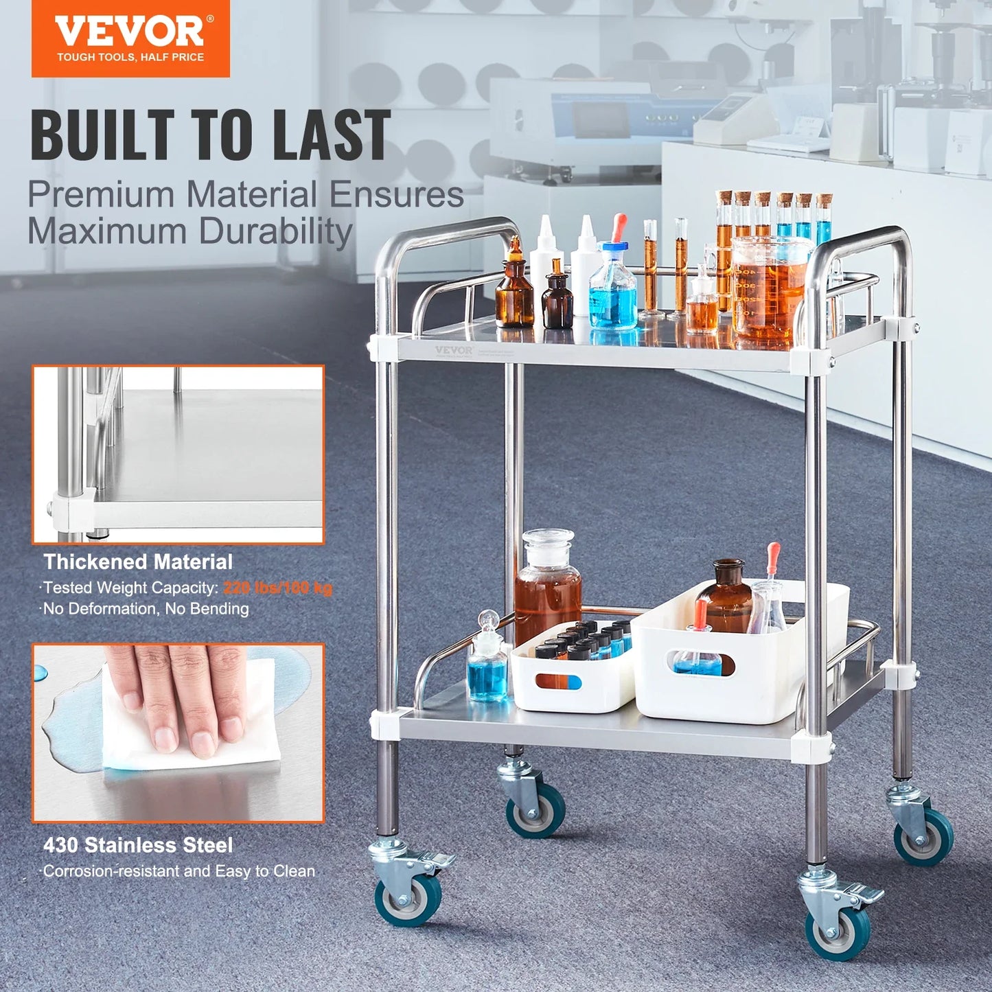 VEVOR 2-Shelf Stainless Steel Rolling Lab Cart – Utility & Serving Cart for Clinic, Laboratory, Hospital & Salon