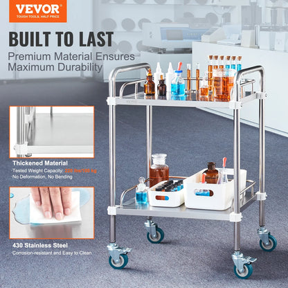 VEVOR 2-Shelf Stainless Steel Rolling Lab Cart – Utility & Serving Cart for Clinic, Laboratory, Hospital & Salon