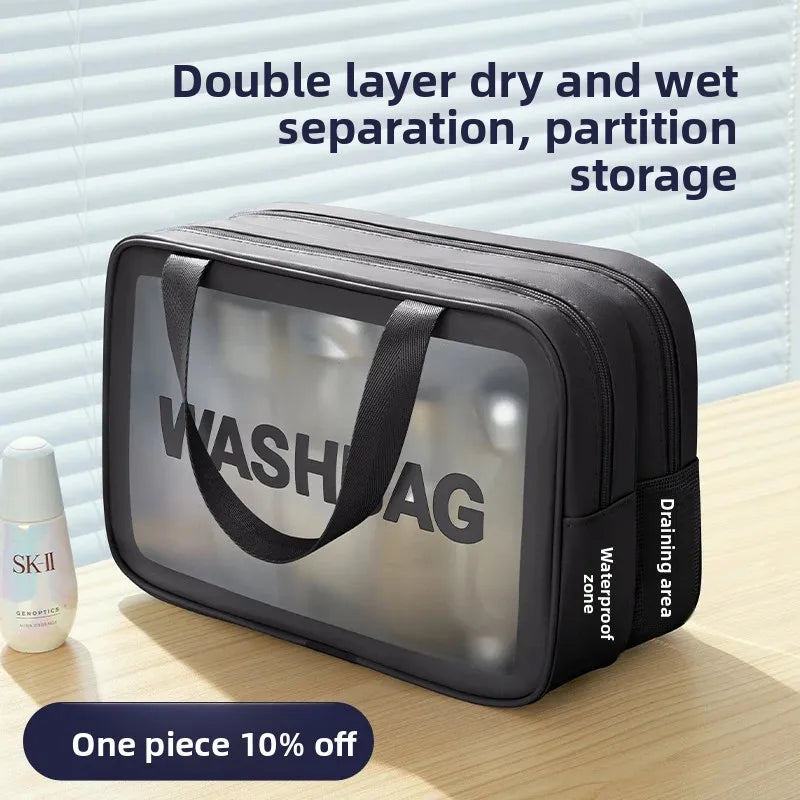 Waterproof Large Capacity Travel Cosmetic Bag – Portable Shower Makeup Organizer with Separate Wet & Dry Compartments
