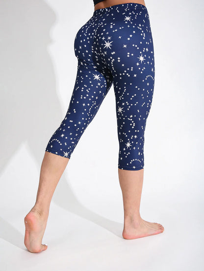 Women Starry Print High Elasticity Capri Leggings, Slim Fit Yoga Pants for Spring Summer Fitness & Active Wear