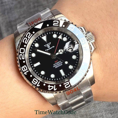 Tandorio 40mm Men’s Automatic Watch – NH34A Movement, GMT Function, Luminous Black Dial, Sapphire Crystal, Auto Date & Rotating Bezel