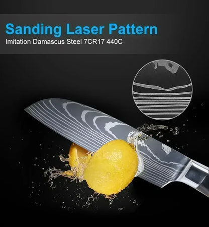 Laser Damascus Kitchen Knife Set – Cleaver, Meat, Fruit, Bread, Boning Knife and Chicken Scissors for Barbecue and Home Cooking