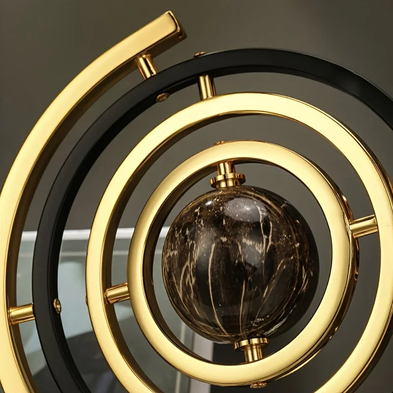 Modern Abstract Metal Globe Sculpture - Black & Gold Home Office Decor with Rectangular Base