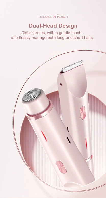 2-in-1 Dual-Head Electric Razor for Women – Painless Bikini Trimmer Wet & Dry Use with Detachable Heads