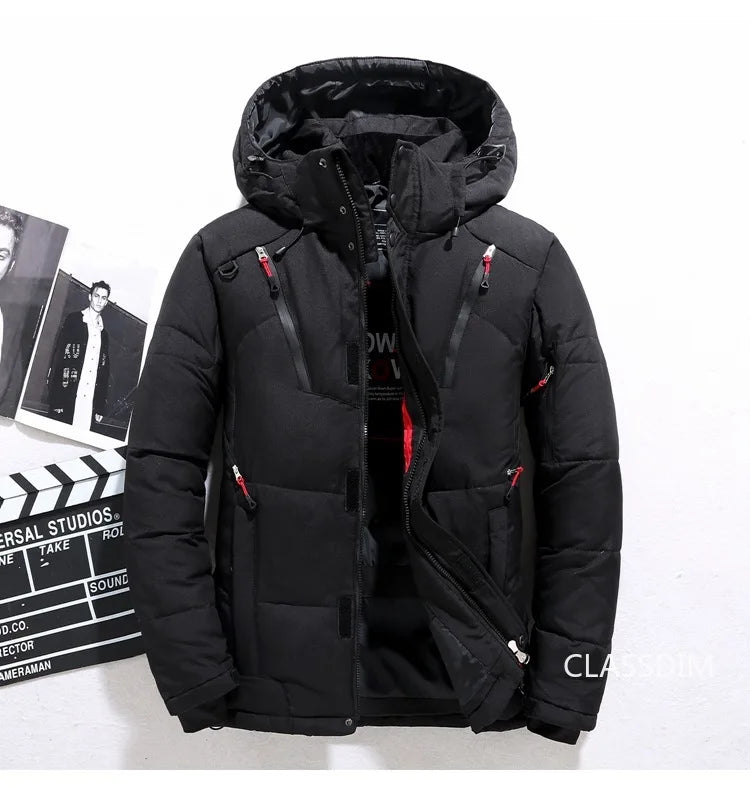 Men's Winter Hooded Puffer Jacket – White Duck Down Coat, Windproof & Warm Outdoor Parka, Size 5