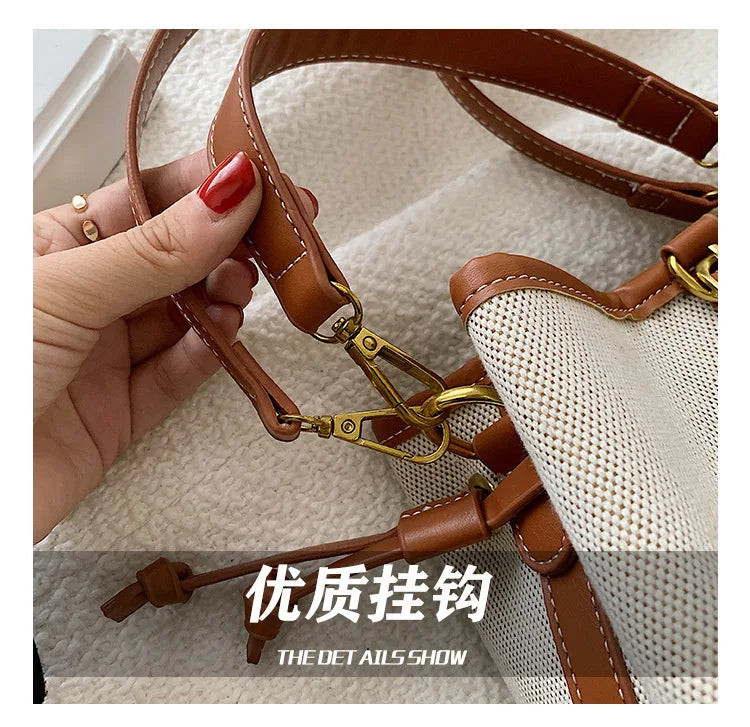 2022 New Korean Style Fashionable Portable Bucket Bag – Trendy Canvas Contrast Texture Messenger Bag