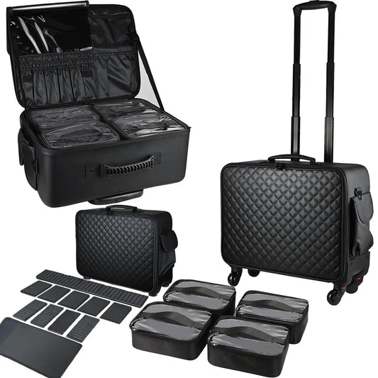 Large Capacity Makeup Trolley Case – Multi-Functional Rolling Organizer Bag in Oxford PU for Beauty, Nail Art, Tattoo & Professional Use