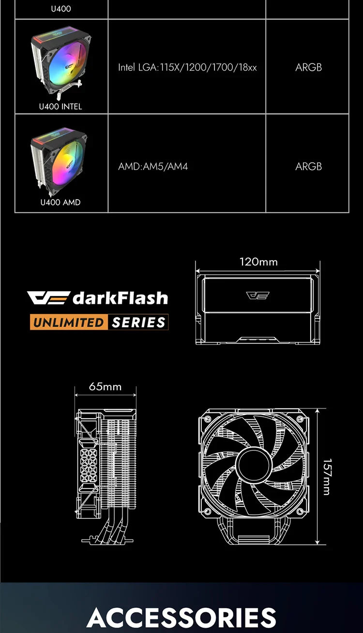 Darkflash U400 ARGB CPU Cooler — 4 Heat Pipe 120mm PWM Air Cooler for Intel LGA 115X/1200/1700 & AMD AM4/AM5