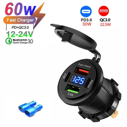 Car USB Fast Charger PD3.0 QC3.0 12/24V Socket with Voltmeter & On/Off Switch, Motorcycle Boat Auto Charging Adapter Accessory