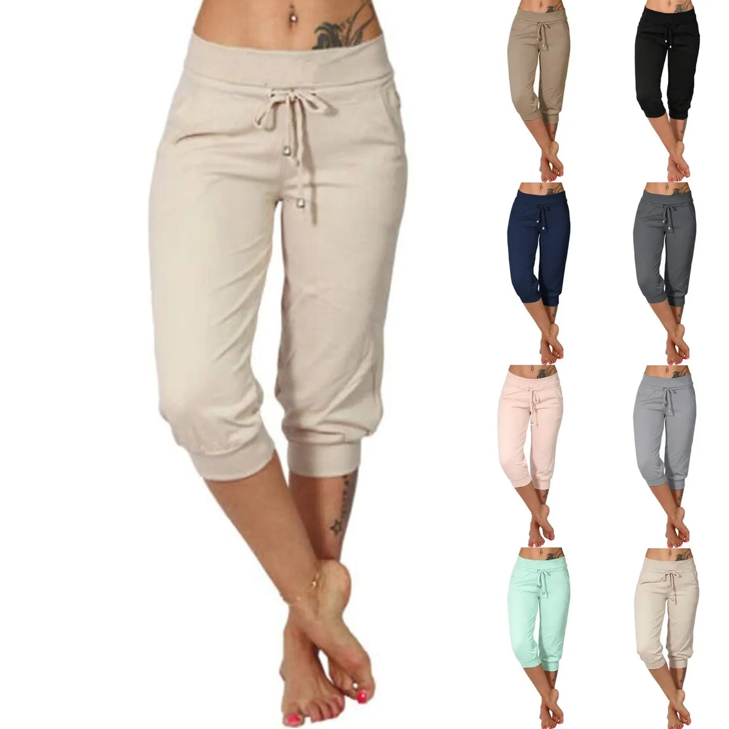 Women’s Cotton Linen Jogger Capris - Solid Color Summer Casual Pants with Double Pockets for Beach & Vacation Wear