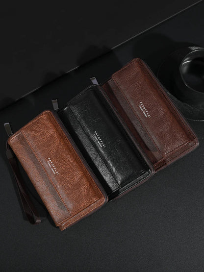 Men's PU Leather Zipper Wallet – Large Capacity Clutch Bag with Phone Holder, Card Slots & Coin Pocket