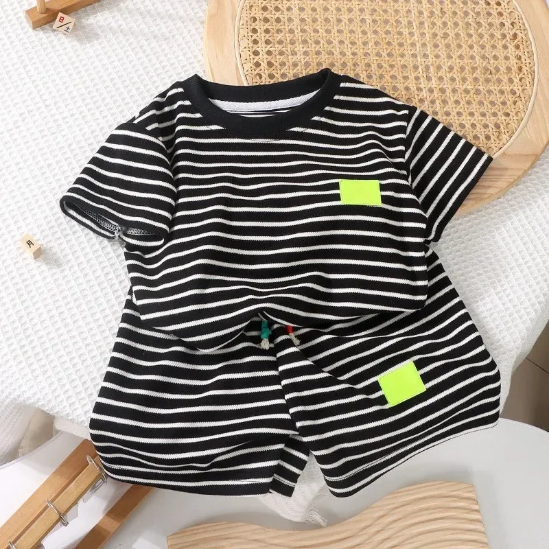 2PCS Kids Summer Outfit – Cotton Short Sleeve Tee & Shorts Set for Boys, Black & White Stripe