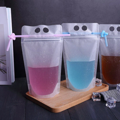 50PCS Frosted Disposable Plastic Liquid Bags with Straw - Sealable Pouches for Juice, Coffee, and Drinks - Perfect for Parties
