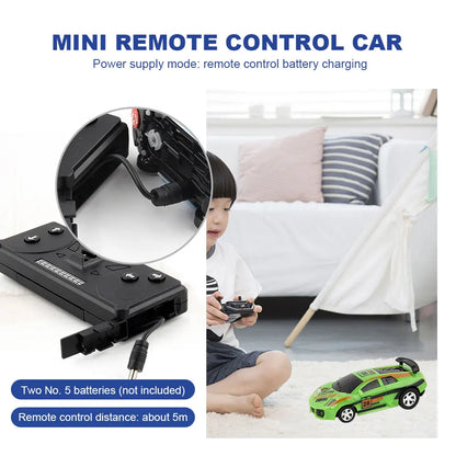 Coke Can Mini RC Car — Battery-Operated Plastic Remote Control Racing Vehicle with Roadblocks, Micro Racing Toy for Kids & Boys